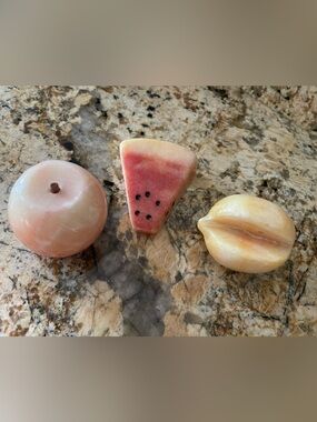 VINTAGE ITALIAN MARBLE Pink Peach and Yellow 3piece Stone Fruit Decorative Set